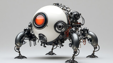 Poster - A futuristic robotic creature with multiple legs and a prominent round eye, showcasing intricate mechanical details and a sleek design