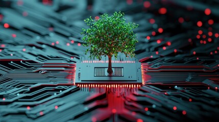 Poster - Digital Nature Meets Technology Concept with a Tree on a Circuit Board Displaying Growth and Innovation