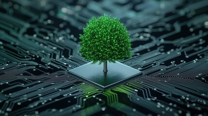 Poster - Green Tree on Digital Circuit Board Symbolizing Nature and Technology Integration in a Sustainable Future