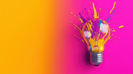 Poster - Colorful light bulb with paint splash on vibrant pink and orange background, creative concept for inspiration