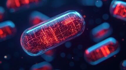 Poster - Futuristic Red Capsule with Digital Circuitry Design Floating in Space Against a Dark Background