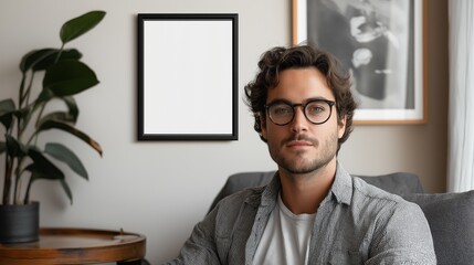 Poster - A young man sits comfortably in a stylish living room, lost in thought. Natural light floods the space, highlighting the contemporary furnishings and lush indoor plants, creating a serene atmosphere