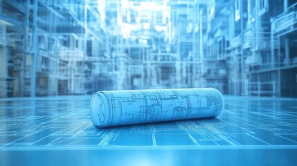 Aufkleber - a blueprint rolled halfway open, revealing intricate foundation details.