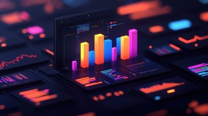 Poster - Vibrant Digital Analytics Display with Colorful Bar Graphs and Data Visualizations for Modern Data Insights