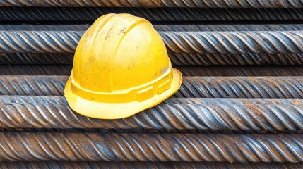 Poster - A bright yellow hard hat placed on a stack of steel reinforcement bars.