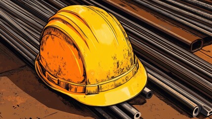 Poster - A bright yellow hard hat placed on a stack of steel reinforcement bars.