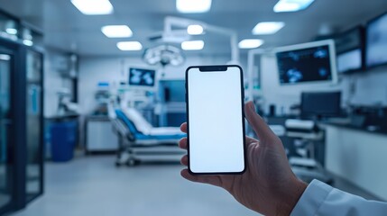 Poster - Doctor holding smartphone with blank screen inside medical care hospital room