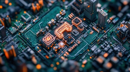 Poster - Futuristic digital cityscape circuit board close-up with glowing orange pathways and intricate details highlighting central component technology design