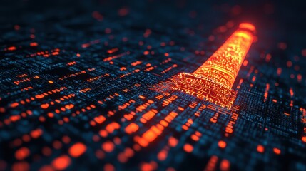 Poster - Abstract Digital Lighthouse Glowing in Binary Code with Vibrant Red and Blue Light Effects in Dark Background