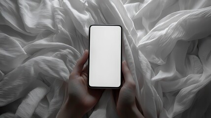 Poster - hand holding smartphone blank white screen on soft fabric surface minimalist style