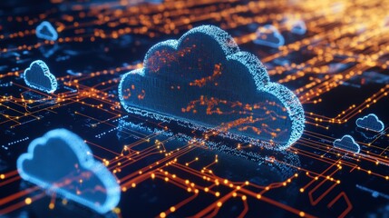 Aufkleber - Abstract digital rende of glowing blue and orange cloud icons on a complex illuminated circuit board representing cloud computing infrastructure design