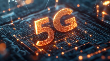 Aufkleber - A glowing orange 5G sits on a detailed microchip circuit board with vibrant light streaks emanating from the circuitry in a futuristic design.