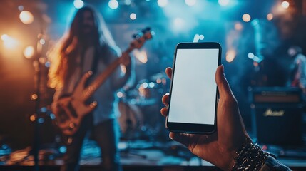 Poster - One hands holding smartphone mockup screen at concert club party enjoying music and dancing