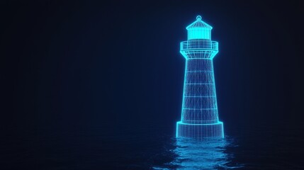 Poster - Neon Blue Lighthouse on Dark Background with Ocean Waves, Futuristic Concept of Navigation and Safety