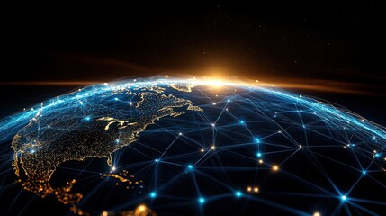Aufkleber - Stylized Earth Depiction with Sunrise Illuminating Global Communication Nodes and Data Flow Network in a Connected World Representing Technology Trends