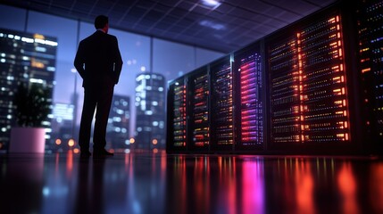 Poster - A silhouetted businessman stands before brightly lit server racks in a modern data center with a dazzling cityscape view du a night scene of innovation