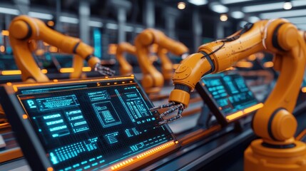 Poster - Advanced Robotic Arm Interacting with Digital Interface in Modern Automation Factory Setting