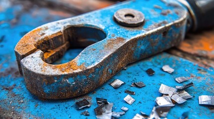 Poster - A close-up of a heavy-duty bolt cutter with metal shavings scattered nearby.