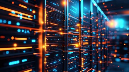 Poster - A stylized server room image featu rows of dark servers with vibrant orange and blue lines representing data flow and connectivity in a modern setting