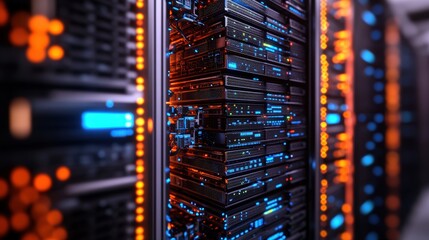 Poster - Close-up view of a colorful illuminated server rack featu interconnected servers showcasing intricate hardware and advanced technology of modern computing
