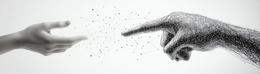 Poster - Futuristic hand drawing AI network connections on a white background, representing the blending of human ingenuity and artificial intelligence in the digital age