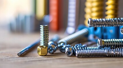 Poster - A close-up of bolts, screws, and construction fasteners arranged on a workbench.