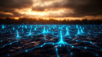 Poster - A field of glowing blue nodes interconnected like neural pathways across a dark textured landscape beneath a dramatic sunset sky at dusk time