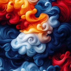 Poster - Abstract flowing swirls of red yellow white and blue creating dynamic pattern of waves