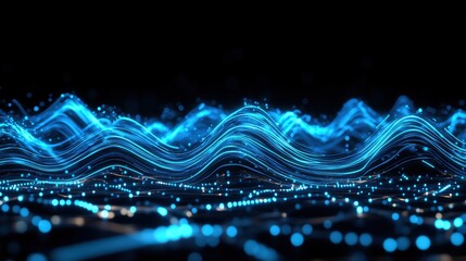Aufkleber - Abstract digital rende of luminous blue waves and particles on a black background resembling dynamic data visualization or energy field concept