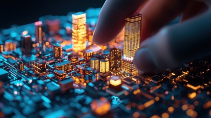 Poster - Futuristic City Model with Digital Elements and Light Highlights Representing Urban Innovation and Technology