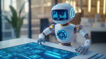 Poster - Futuristic white and gold robot interacting with glowing blue interface at sleek table while displaying dynamic data graphs for advanced technology use