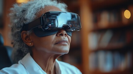 Poster - An elderly woman experiences virtual avatars through augmented reality glasses in a cozy library