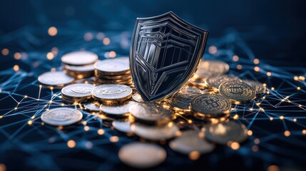 Poster - A metallic shield on a cryptocurrency pile representing security and protection in the digital asset market with interconnected nodes in the background