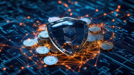 Poster - Metallic shield on cryptocurrency coins resting on a circuit board highlighted by glowing orange connections symbolizing the digital asset ecosystem
