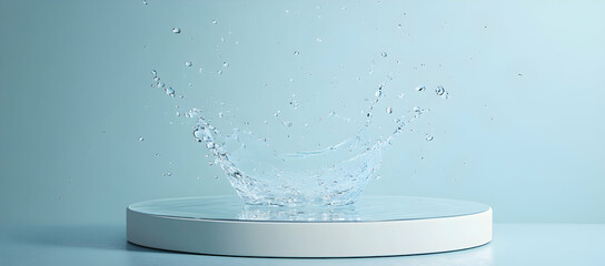 Poster - Water splashing on glass, with clear water droplets floating in the air and creating circular ripples around them