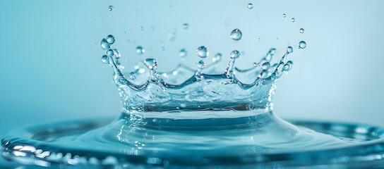 Poster - Water splashing on glass, with clear water droplets floating in the air and creating circular ripples around them