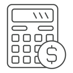 Poster - Calculator with dollar coin thin line icon, financial advice concept. Vector graphics. Counting money tool sign on white background, outline style icon for mobile or web design.