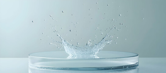Poster - Water splashing on glass, with clear water droplets floating in the air and creating circular ripples around them