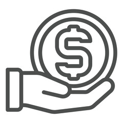Poster - Hand with huge dollar coin line icon, financial advice concept. Vector graphics. Coin on human hand palm sign on white background, outline style icon for mobile or web design.