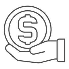 Poster - hand with huge dollar coin thin line icon, financial advice concept. vector graphics. coin on human 