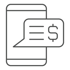 Poster - Money message on smartphone thin line icon, financial advice concept. Vector graphics. Dollar currency growth news sign on white background, outline style icon for mobile or web design.