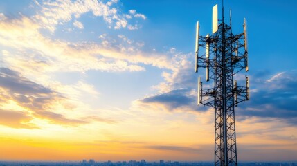 Poster - A tall cellular tower silhouettes against a stunning vibrant sunset sky with a distant cityscape creating a breathtaking urban landscape view