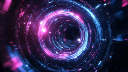 Poster - Futuristic round platform on black background. Vector realistic illustration of circular teleport with pink light and blue smoke effect, future cyber technology portal, product presentation showroom