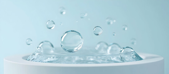 Poster - Water splashing on glass, with clear water droplets floating in the air and creating circular ripples around them
