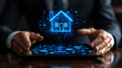 Poster - Holographic house icon projected above a tablet with hands interacting in a modern setting