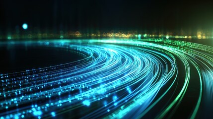 Poster - Abstract Digital Artwork of Swirling Teal and Green Lines Creating Concentric Circles Against a Dark Background with Blurred City Lights at Dusk