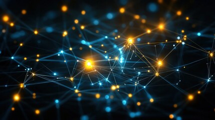 Aufkleber - Abstract digital illustration featu glowing interconnected nodes with blue and orange points of light linked by bright lines on a dark background.