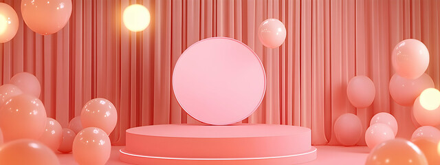 Poster - A pink podium with balloons and lights in the background