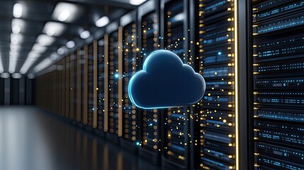 Fototapete - Digital illustration of cloud computing with glowing blue lights and a modern data center, symbolizing speed and connectivity