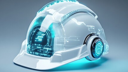 Poster - A futuristic hard hat with integrated sensors and digital display for site monitoring.